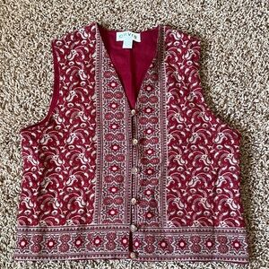 Orvis Red V-Neck Tapestry Vest With Wooden Buttons in Size Large